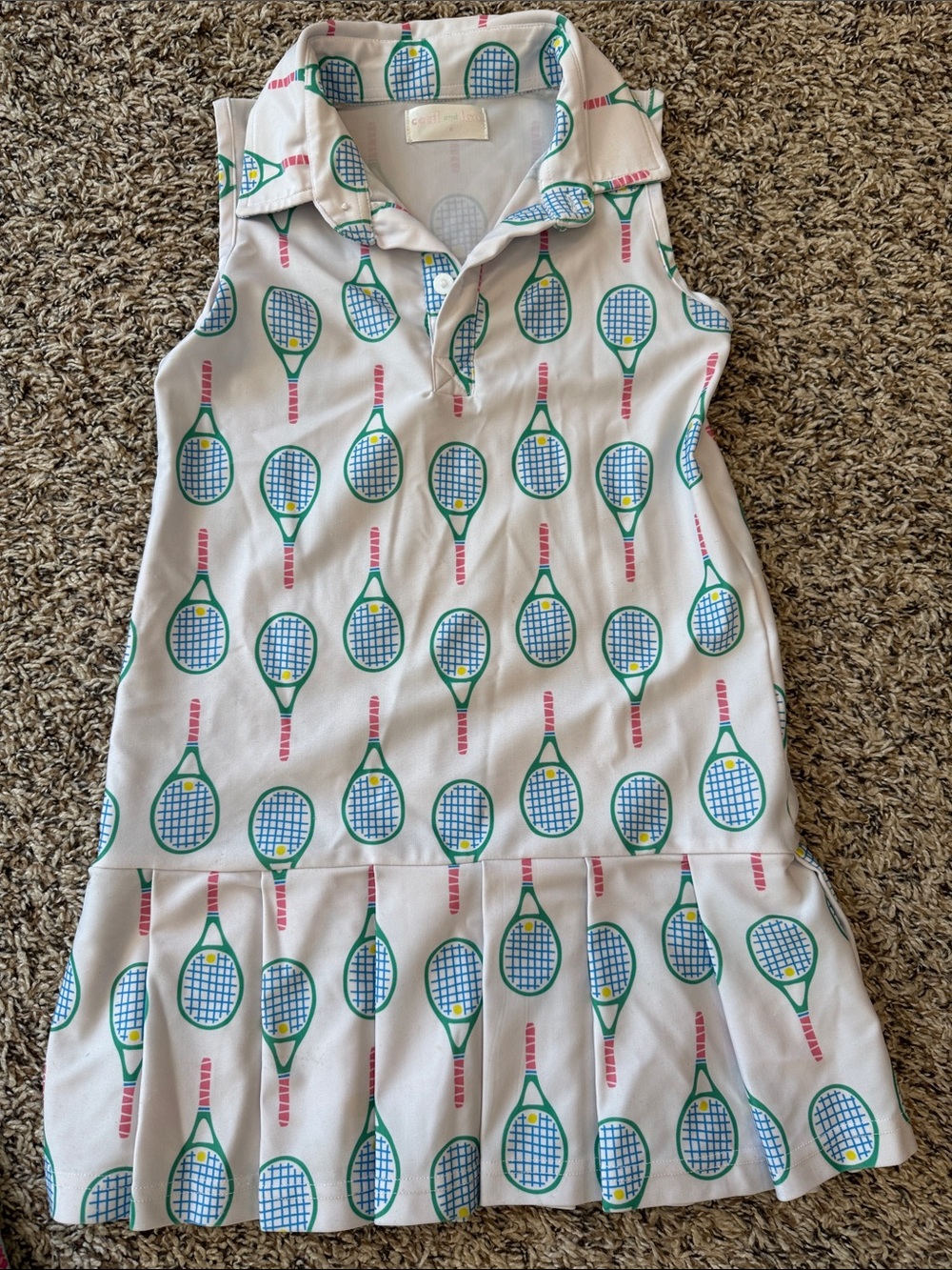 Sleeveless Tennis Racket Print Polo Dress in Pink and Green